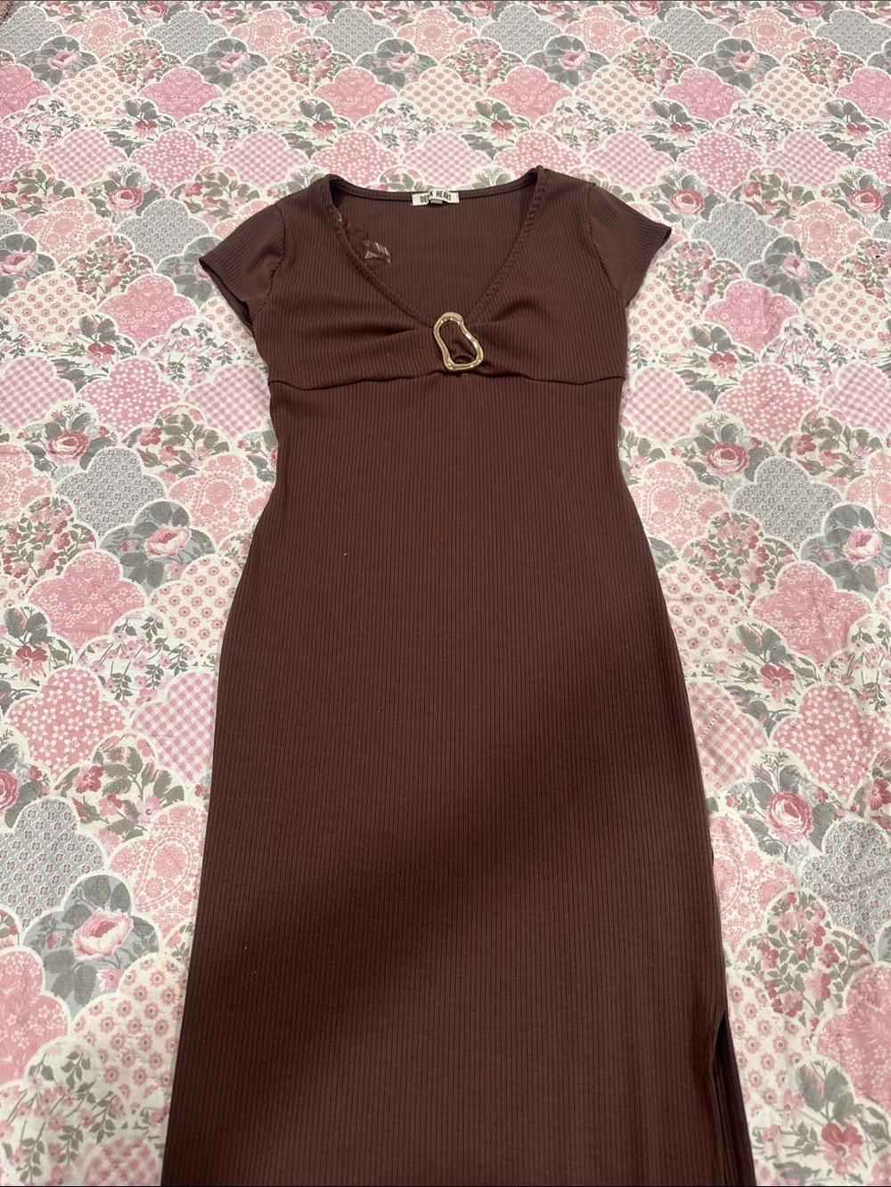 Derek Heart Brown Ribbed Maxi Dress with Gold Accent